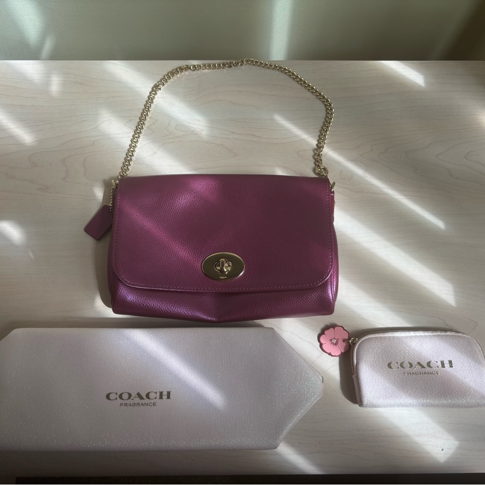 Sale!New Coach Leather Violet Crossbody w/ 2 Straps & Coach 2 Cosmetic Bags Set